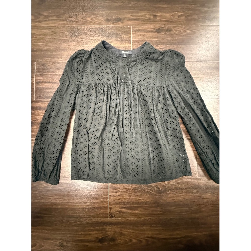 Madewell Black Eyelet Puff-Sleeve Peasant Blouse Women's XS